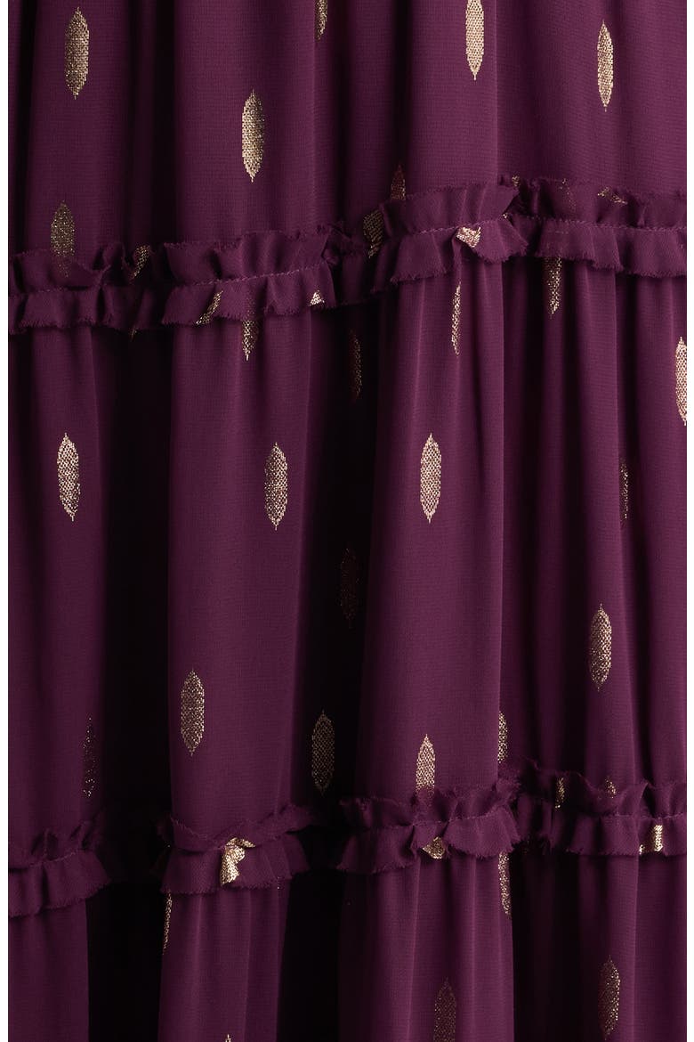 Foil Smocked Waist Long Sleeve Tiered Maxi Dress, Alternate, color, POTENT PURPLE