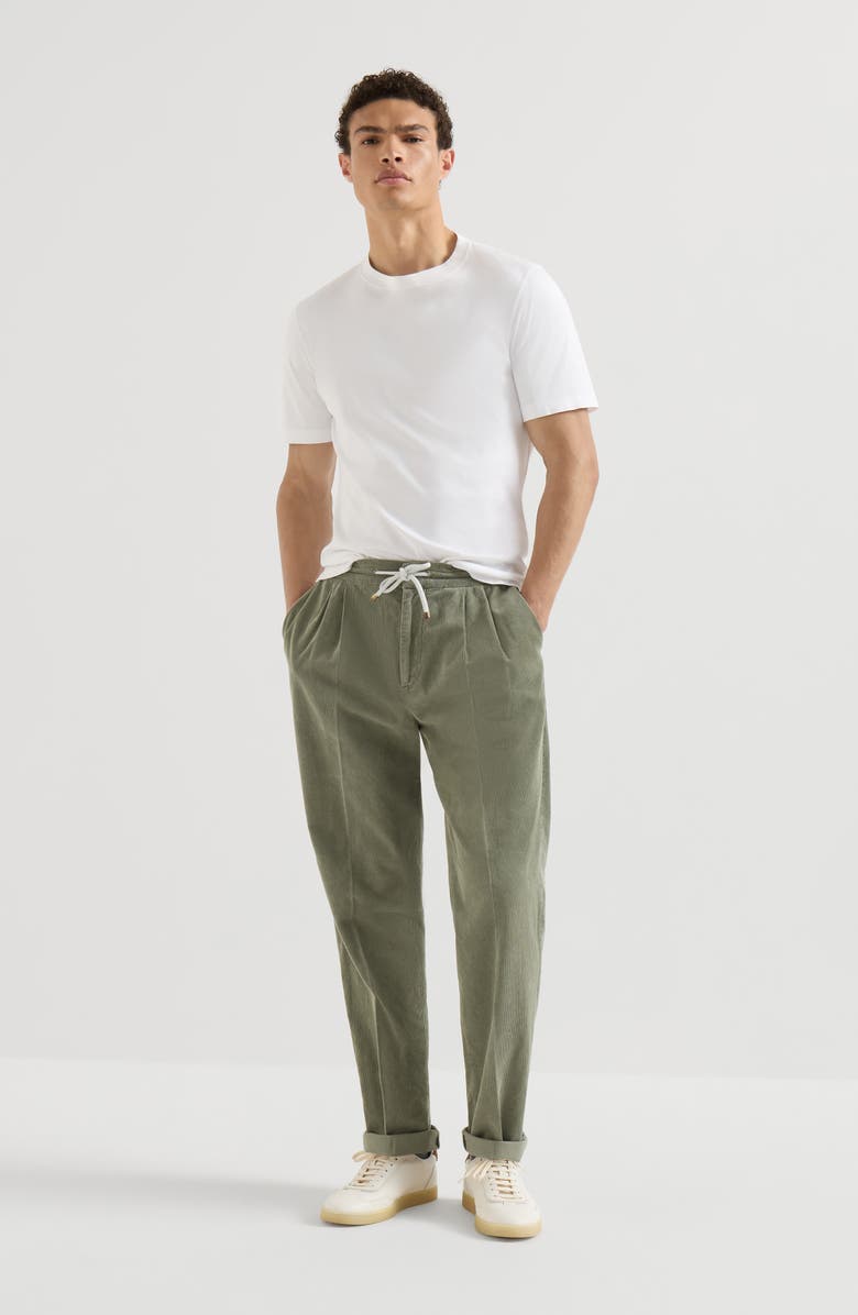 Brunello Cucinelli Garment-dyed trousers in cotton narrow wale corduroy with drawstring and double pleats, Alternate, color, Military