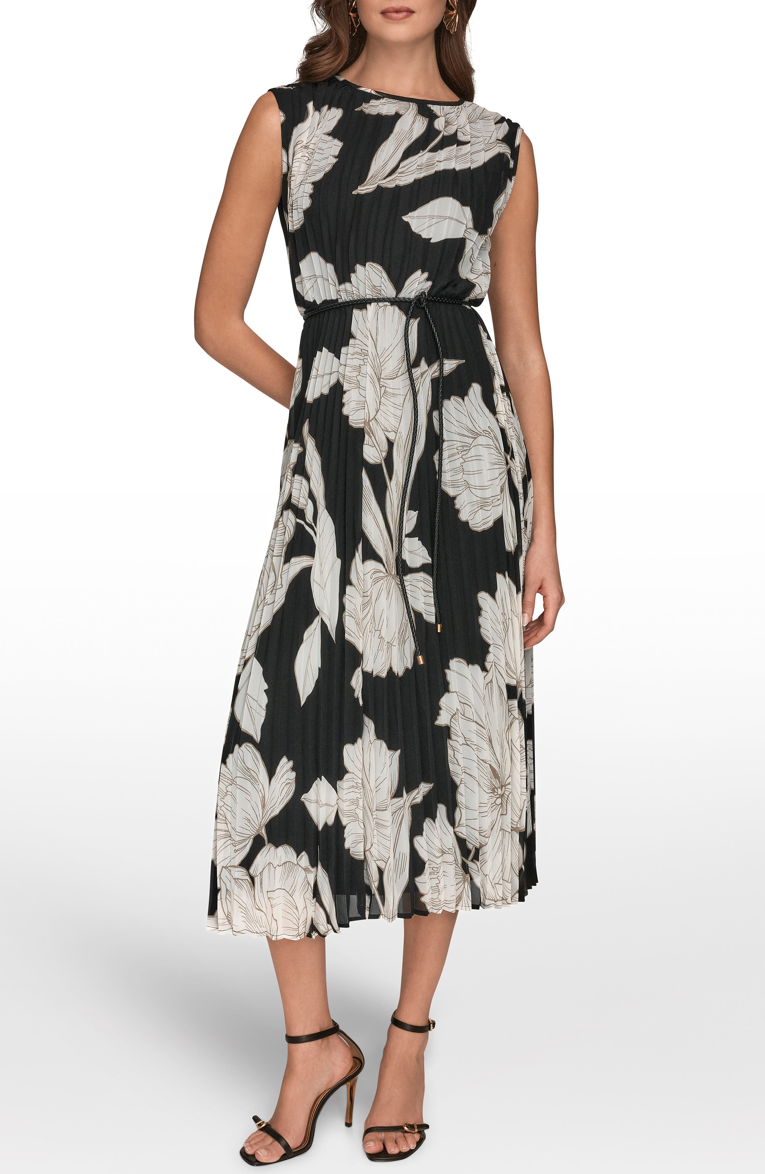 Belted Pleated Midi Dress