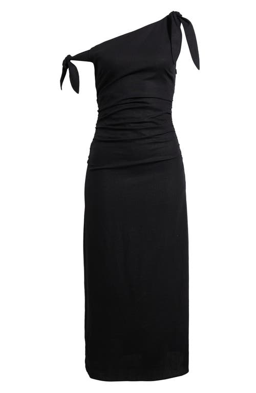 Wayf Clio Tie Shoulder Linen Blend Midi Dress In Black