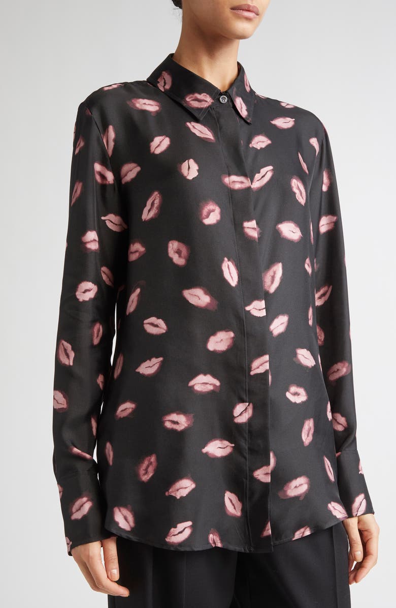 Altuzarra Chika Kisses Print Silk Chiffon Button-Up Shirt, Alternate, color, Black Kisses