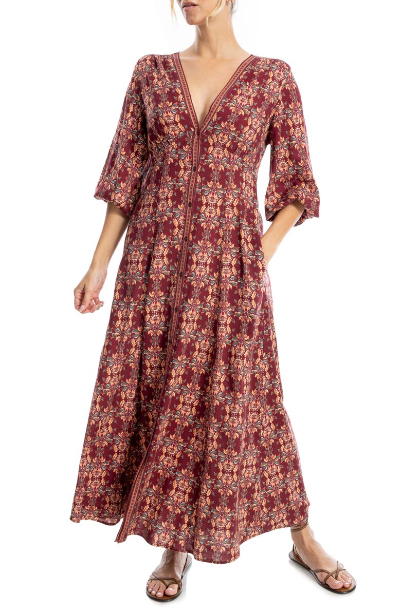 MAX STUDIO Three-Quarter Sleeve Maxi Dress, Main, color, Ruby/ Purple Crimsonn Canopy