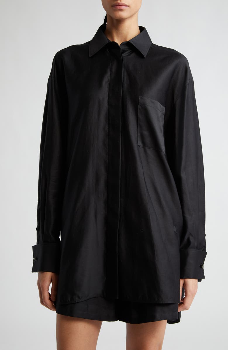 Max Mara Marea Oversize Button-Up Shirt with Bow Tie, Alternate, color, 