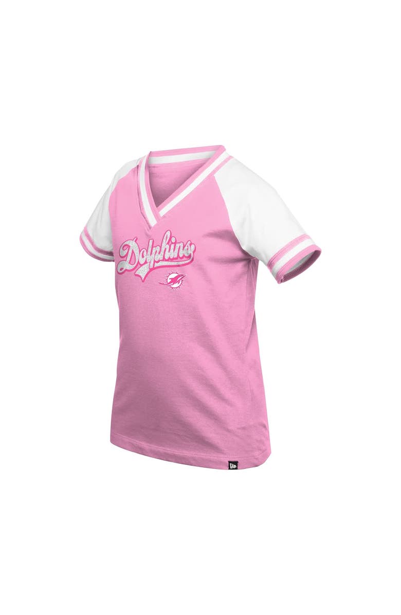 New Era Girl's Youth New Era  Pink Miami Dolphins Mommy & Me Multiplier Raglan V-Neck T-Shirt, Alternate, color, Pink