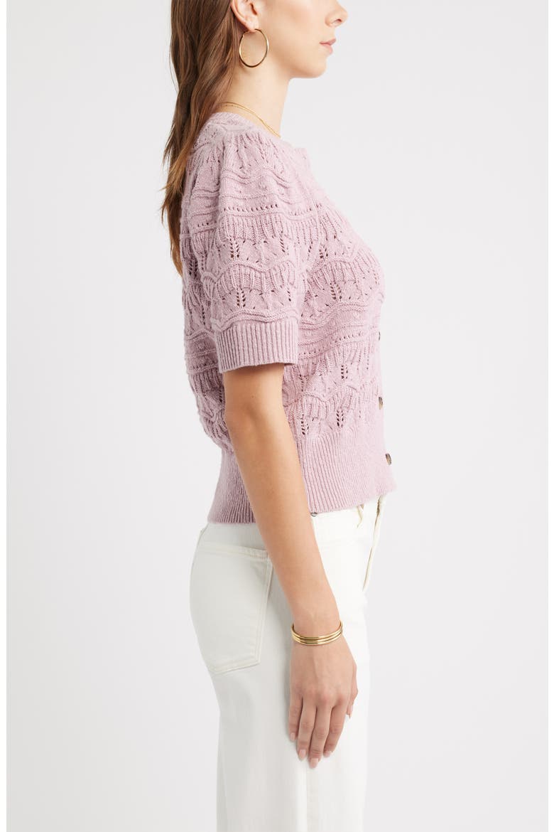 Short Sleeve Pointelle Cardigan, Alternate, color, PURPLE SHADE