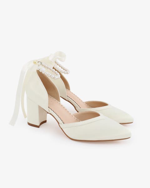 Sally Satin Block Heel Wedding Shoes with All Pearl Ankle Strap