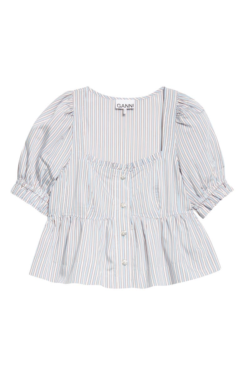 Ganni Yarn Dye Flounce Puff Sleeve Top, Alternate, color, Soft Chambray