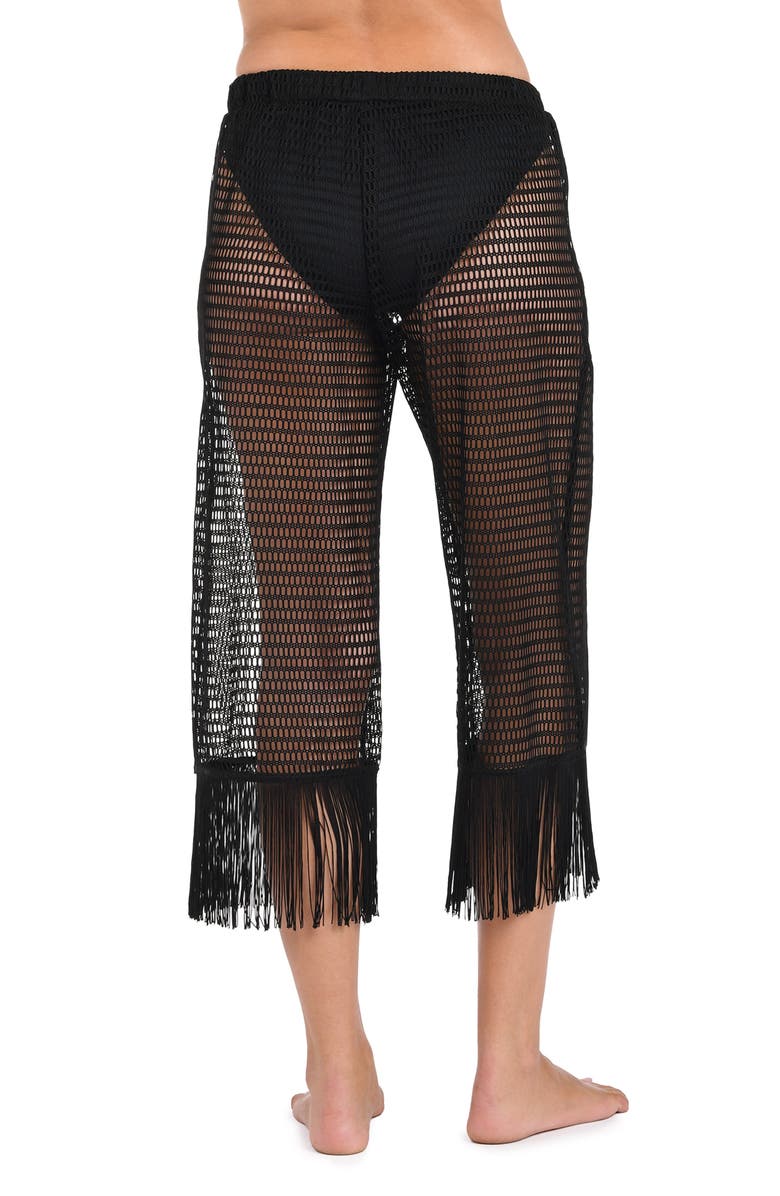La Blanca Fringe Sheer Crop Cover-Up Pants, Alternate, color, Black