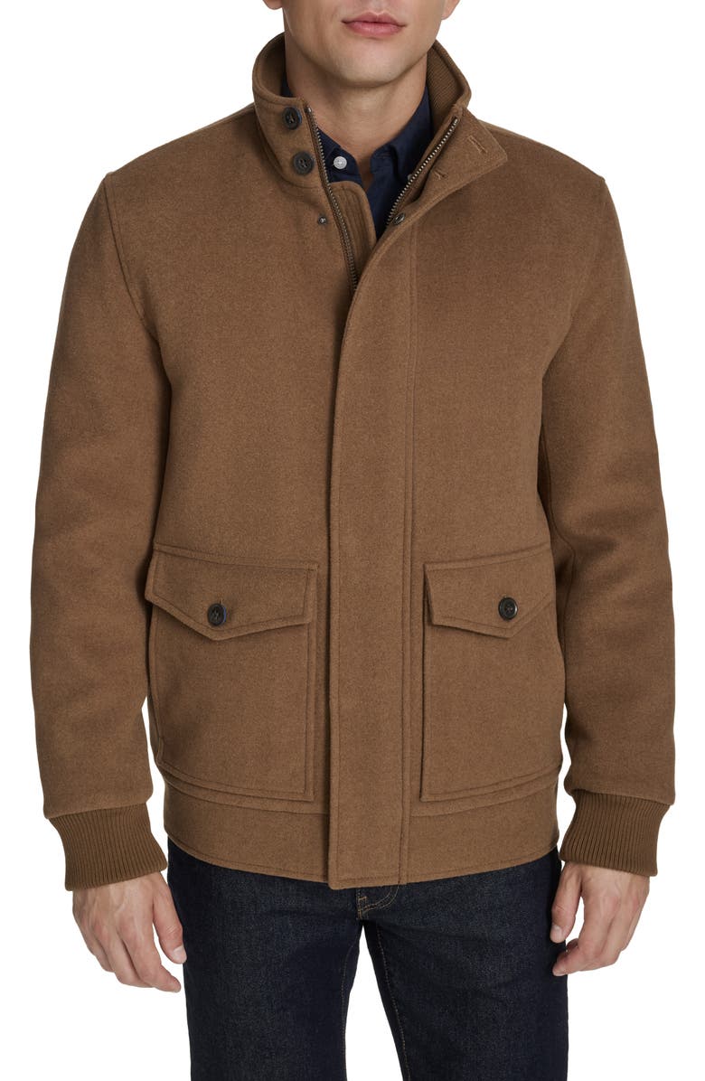 Cole Haan Signature Stand Collar Wool Blend Bomber Jacket, Main, color, Camel