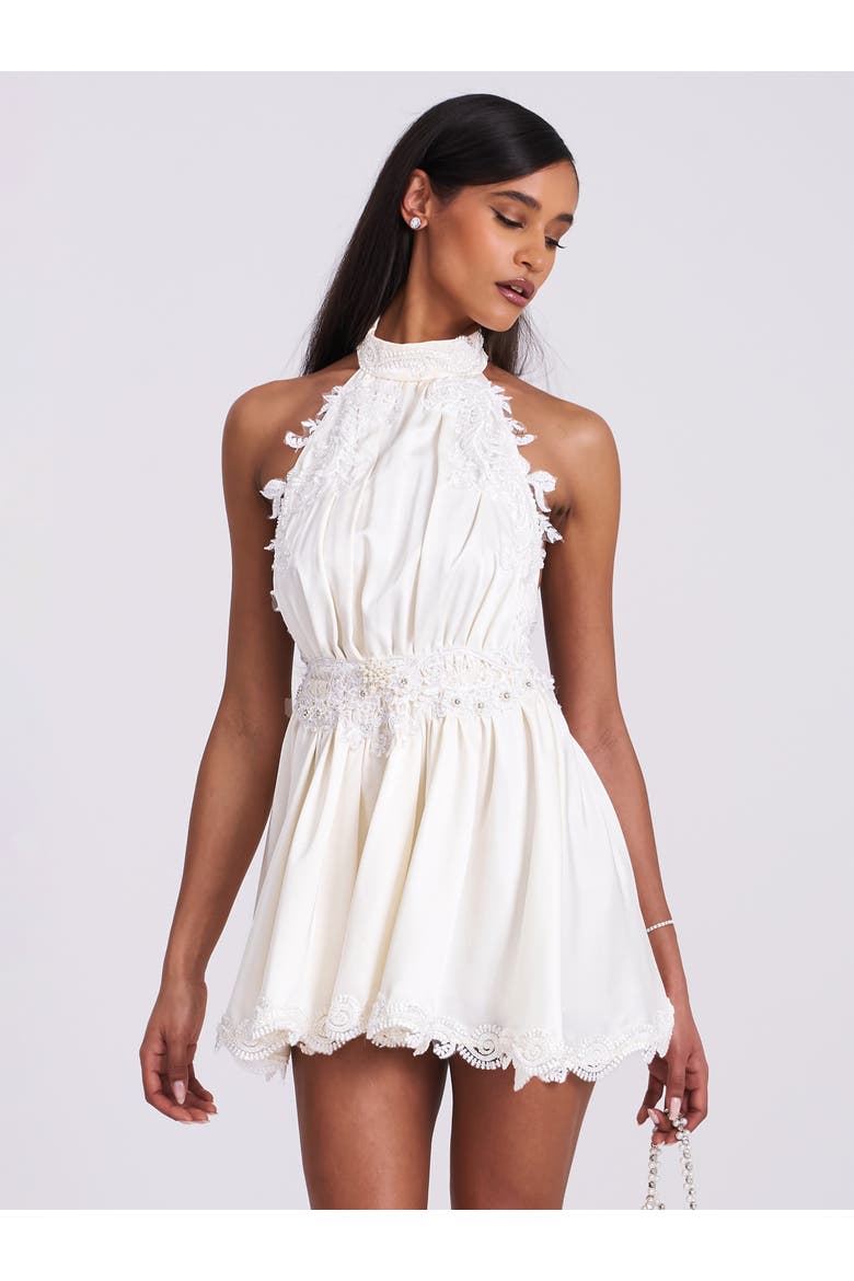 Idalia Beaded Lace Trim Backless Halter Mini Dress, Alternate, color, White