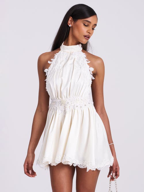 Miss Circle Idalia Beaded Lace Trim Backless Halter Mini Dress In White