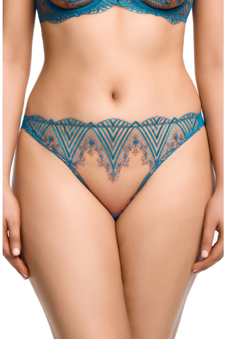 Fortunia Embroidered Mesh Thong, Main, color, MOSAIC