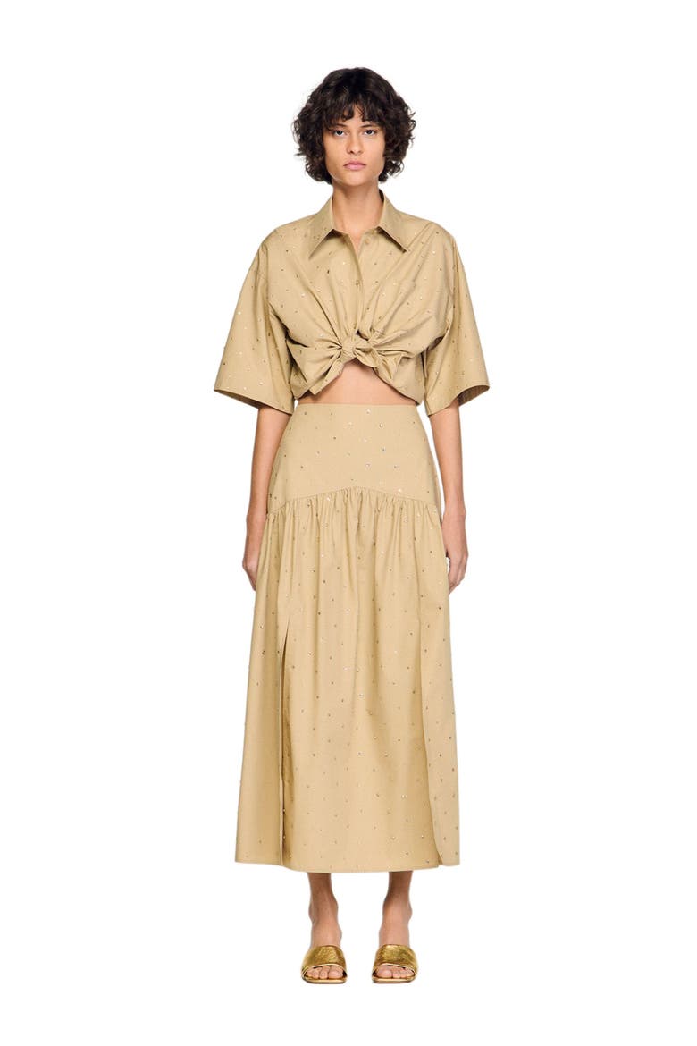 Long rhinestone cotton skirt, Alternate, color, Beige