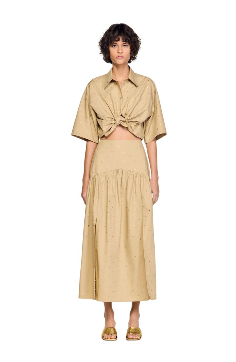SANDRO Long rhinestone cotton skirt, Alternate, color, Beige