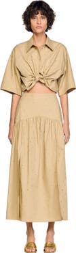 SANDRO Long rhinestone cotton skirt