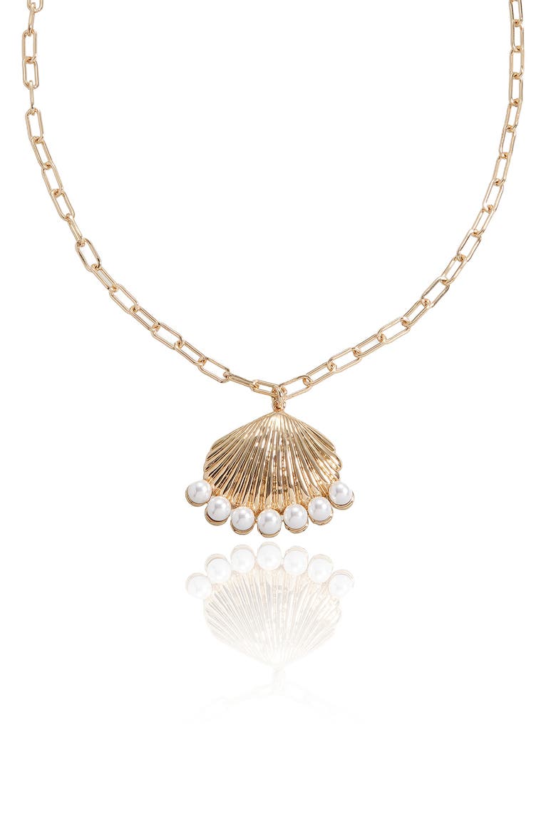 Faux Pearl Shell Pendant Necklace, Alternate, color, GOLD