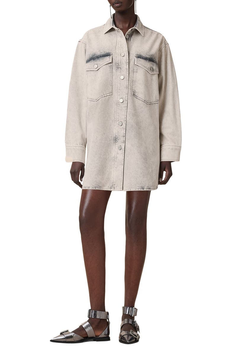 AllSaints Faye Sparkle Embellished Long Sleeve Shacket Minidress, Main, color, Snow Grey