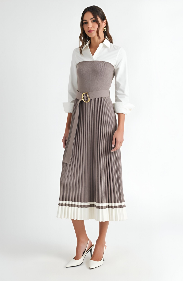 Modenaire Pleated Belted Shirt Collar Contrast Hem Midi Dress, Main, color, 