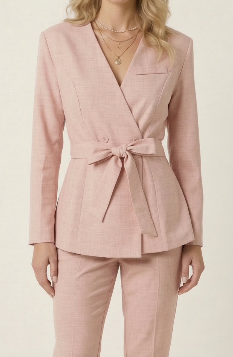 Modenaire Wrap Blazer with Waist Tie Belt, Main, color, Dusty Pink