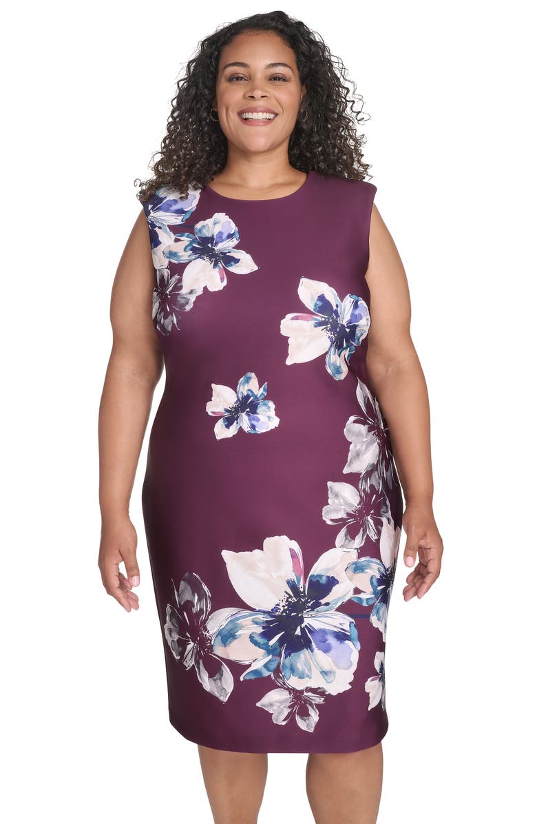 Calvin Klein Floral Sleeveless Scuba Sheath Dress, Alternate, color, Aubergine Multi