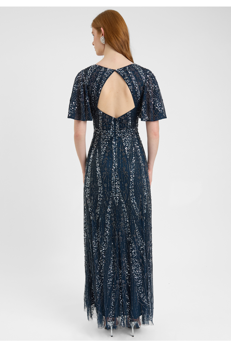 Embellished Sequin Beaded Maxi Dress With Flutter Sleeve, Alternate, color, NAVY