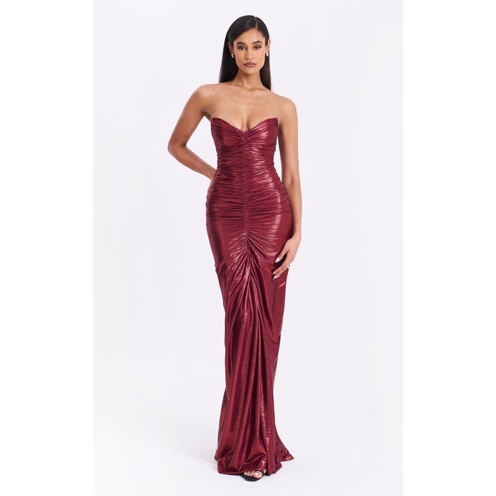 Miss Circle Sabble Long Mermaid Ruched Glitter Evening Gown In Burgundy