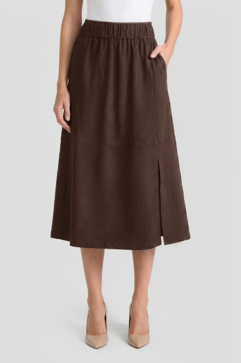 Flared Side Slit Faux Suede Maxi Skirt