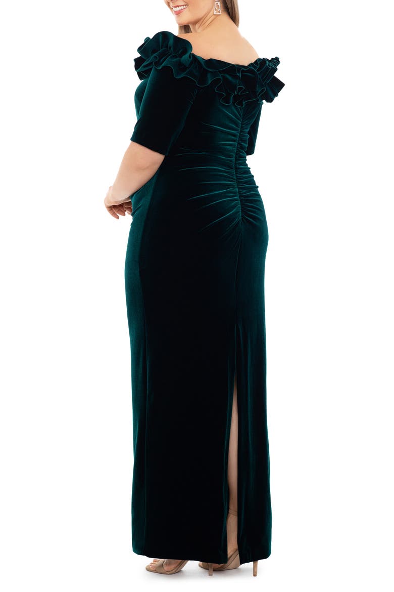 Strapless Ruffle Detail Velvet Gown, Alternate, color, HUNTER