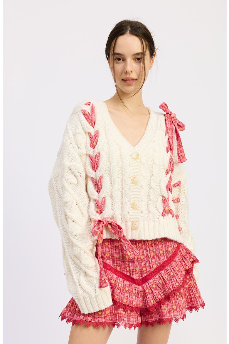 Clementine Ribbon Cable Cardigan, Alternate, color, IVORY RED
