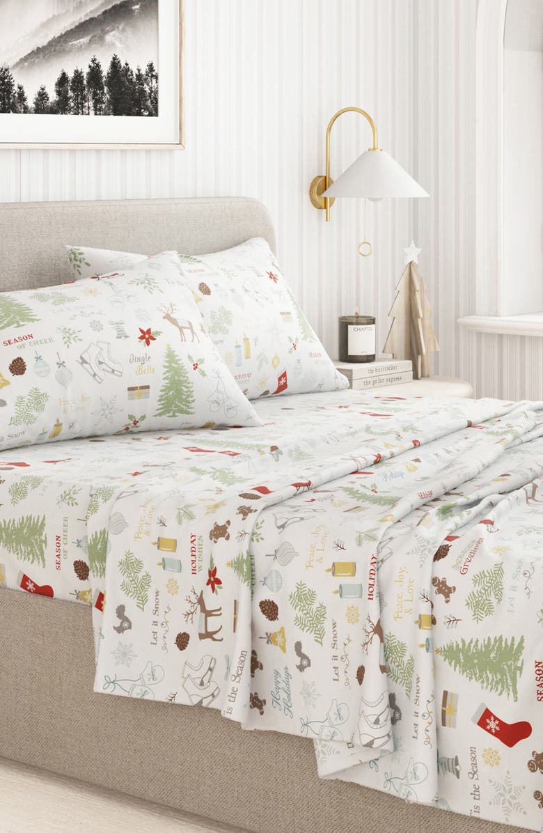 Woven & Weft Turkish Cotton Flannel Holiday Sheet Set, Alternate, color, Holiday Time