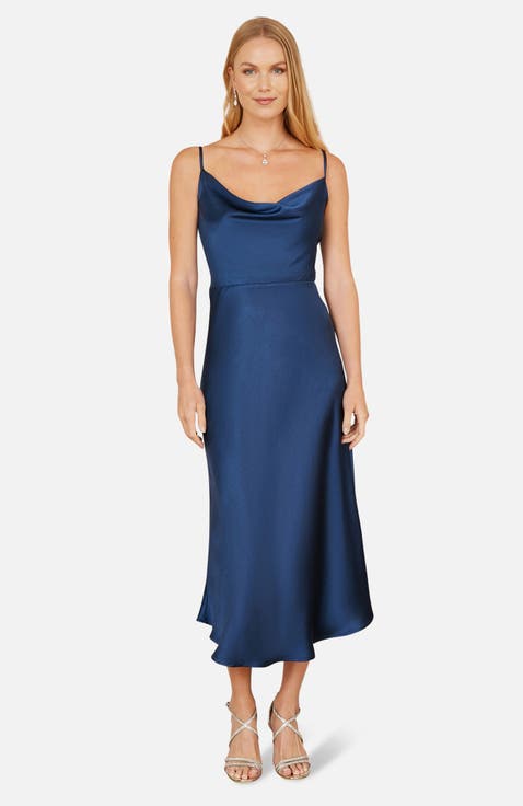 Satin Cowl Neck Midi Dress
