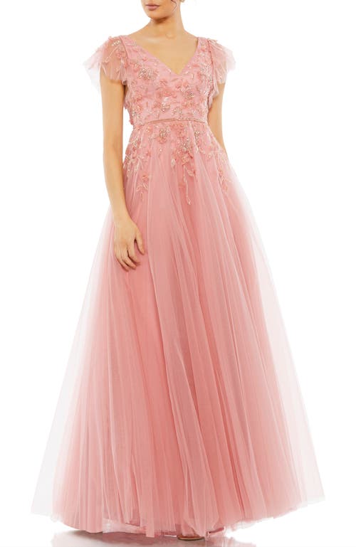 Mac Duggal Embellished Cap Sleeve V Neck Gown In Salmon
