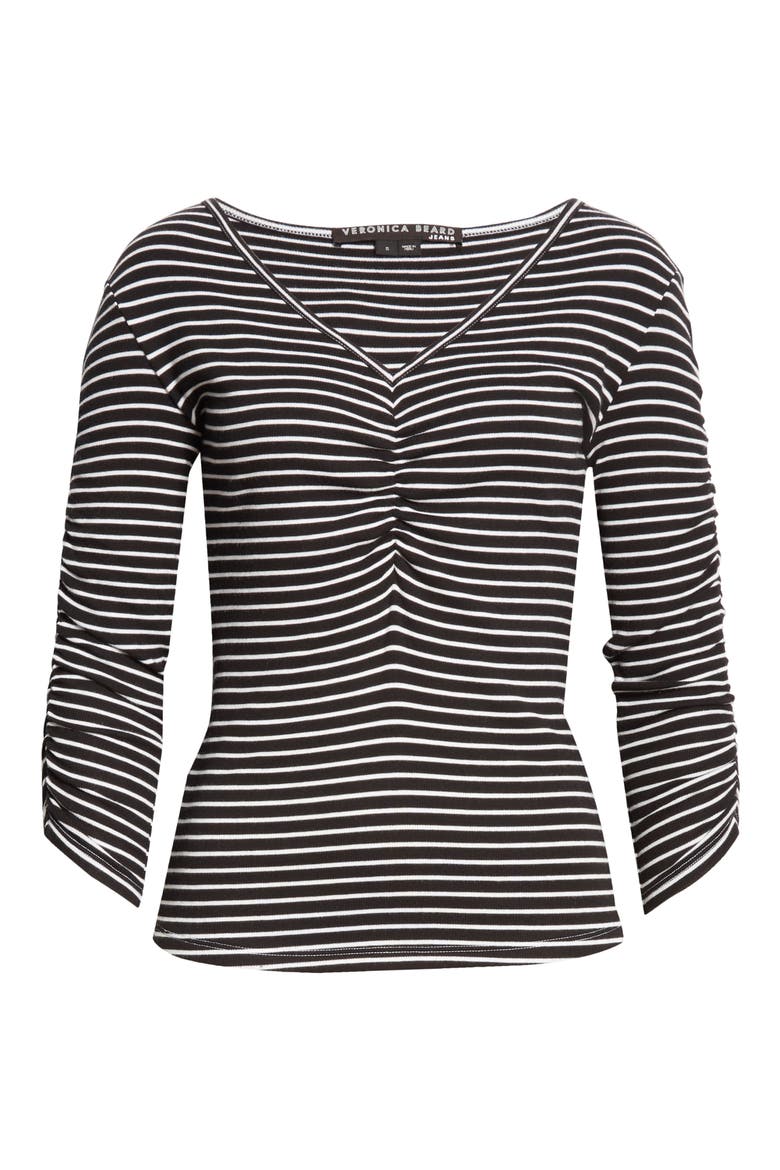 Clarita Stripe Ruched V-Neck T-Shirt, Alternate, color, BLACK/ IVORY