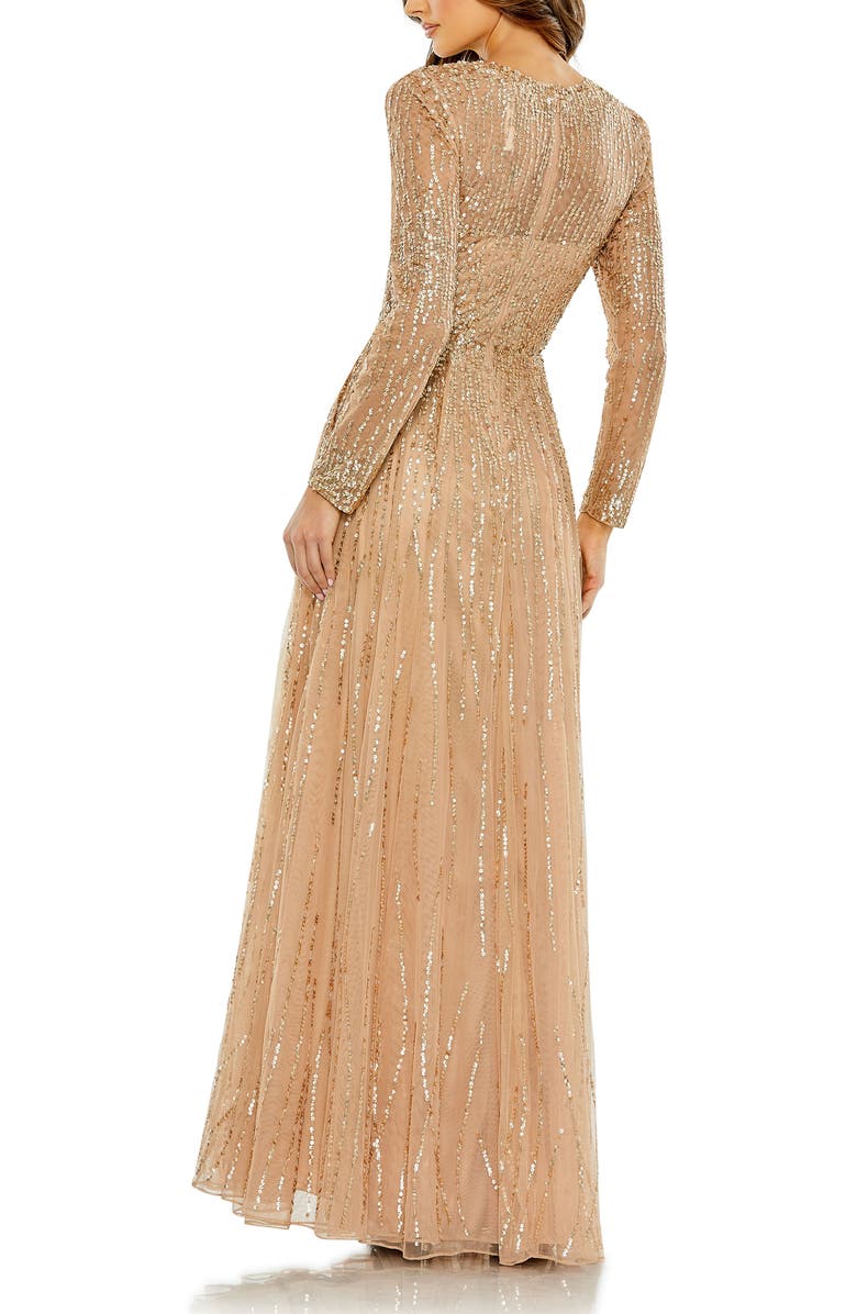 Mac Duggal Sequined Illusion High Neck Long Sleeve Gown, Alternate, color, Latte