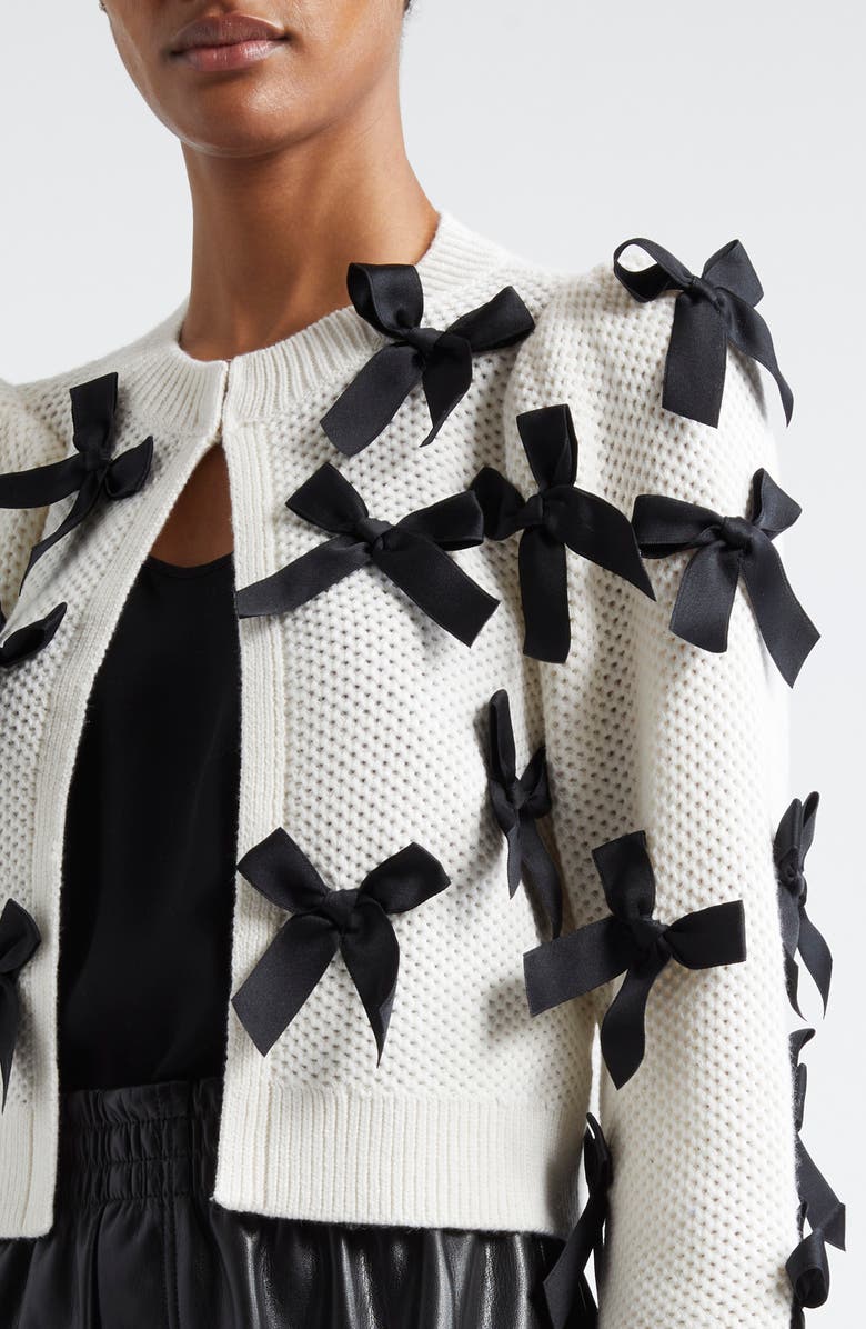Alice + Olivia Kitty Bow Wool Blend Cardigan, Alternate, color, Soft White/ Black