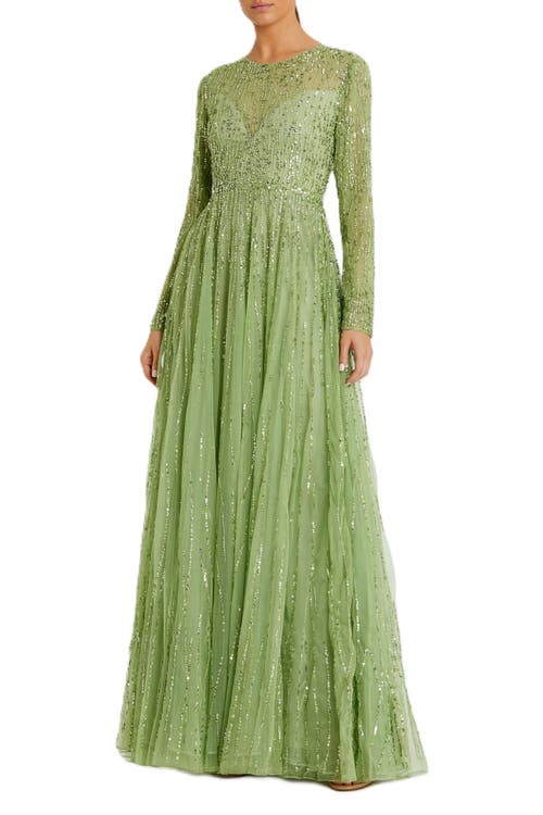Mac Duggal Sequined Illusion High Neck Long Sleeve Gown in Sage 