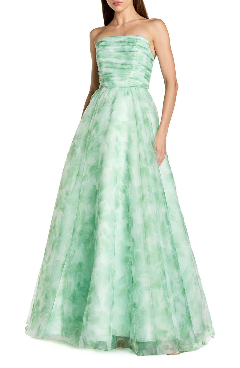 Mac Duggal Women's Strapless Floral Chiffon Gown with Ruched Detail, Main, color, Sage Multi