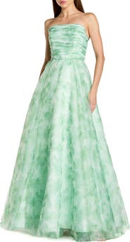 Mac Duggal Women's Strapless Floral Chiffon Gown with Ruched Detail