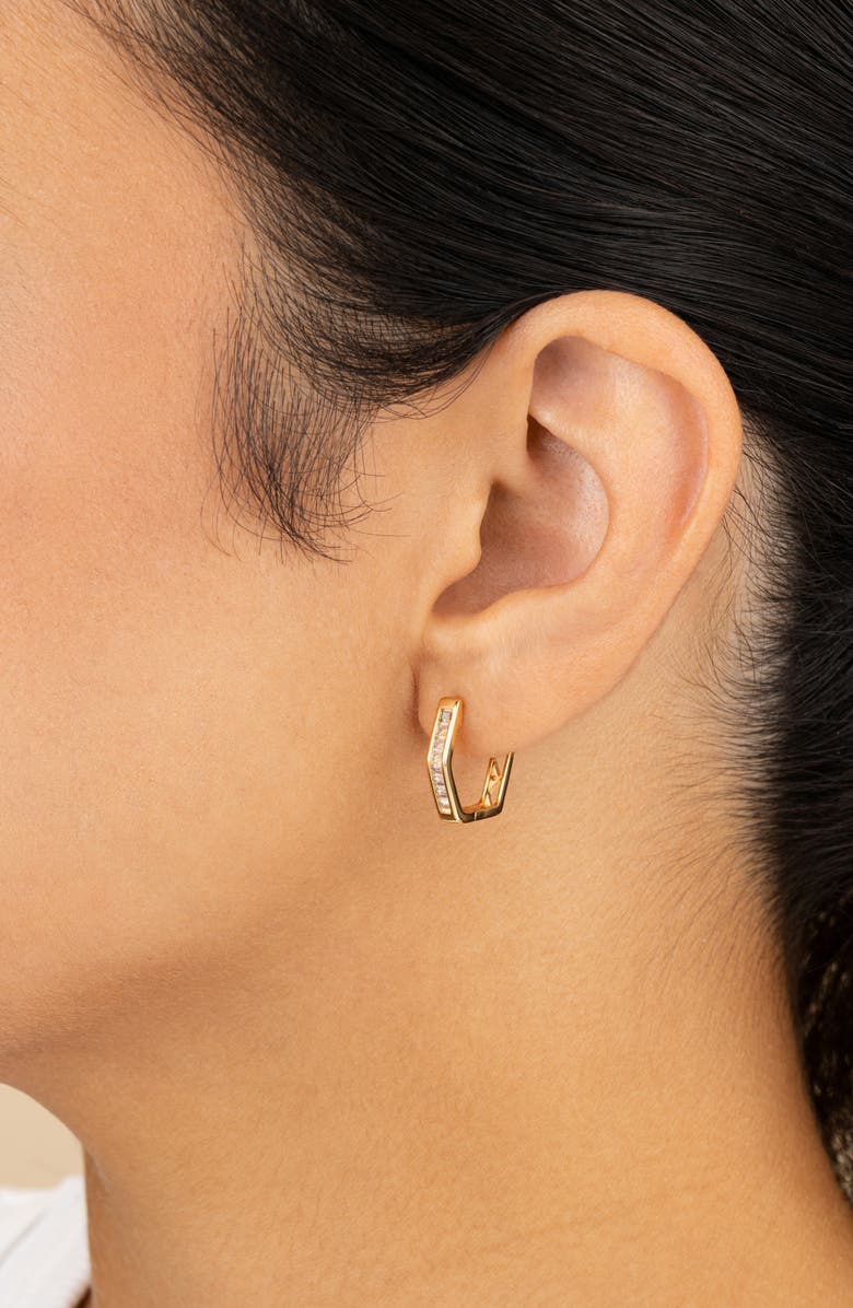 Sterling Forever CZ Pavé Geometric Hoop Earrings, Alternate, color, Gold