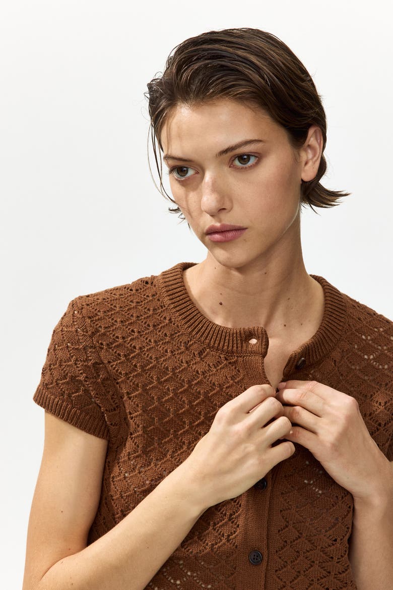 Cap-sleeved Pointelle-knit Cardigan, Main, color, Brown