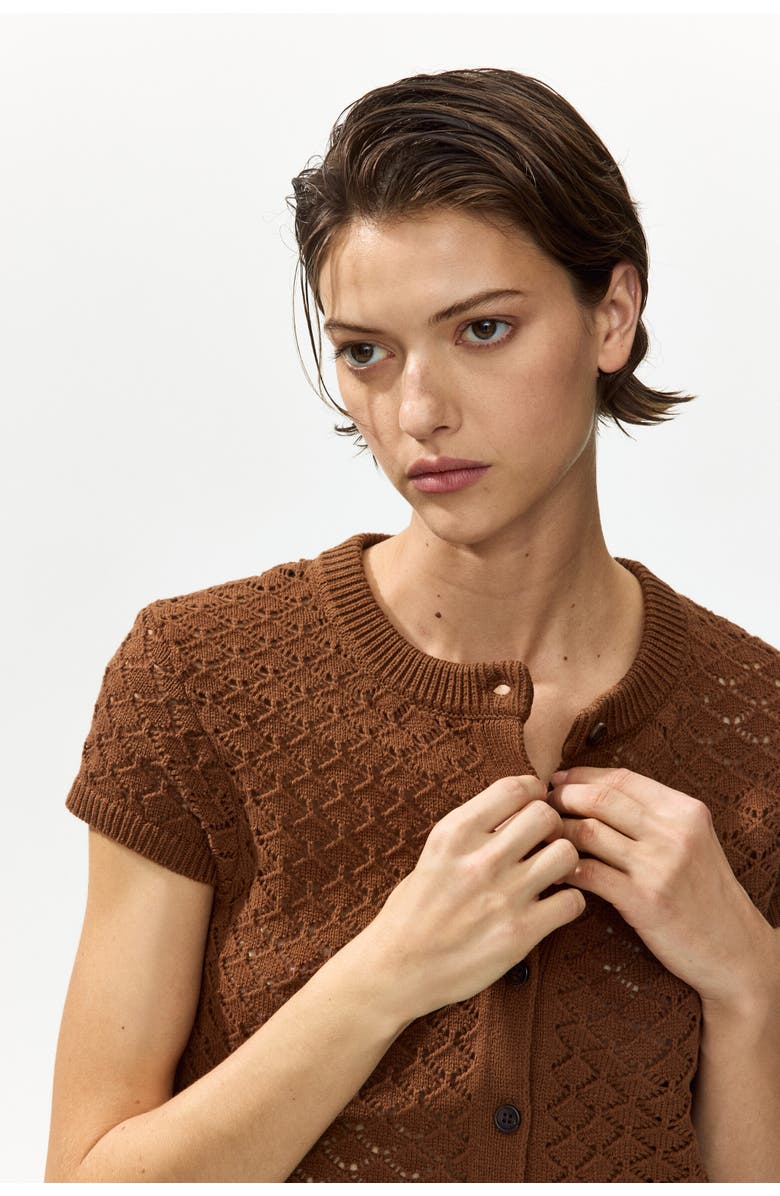 H&M Cap-sleeved Pointelle-knit Cardigan, Alternate, color, Brown