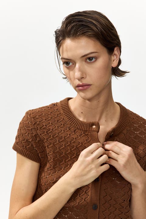 Cap-sleeved Pointelle-knit Cardigan