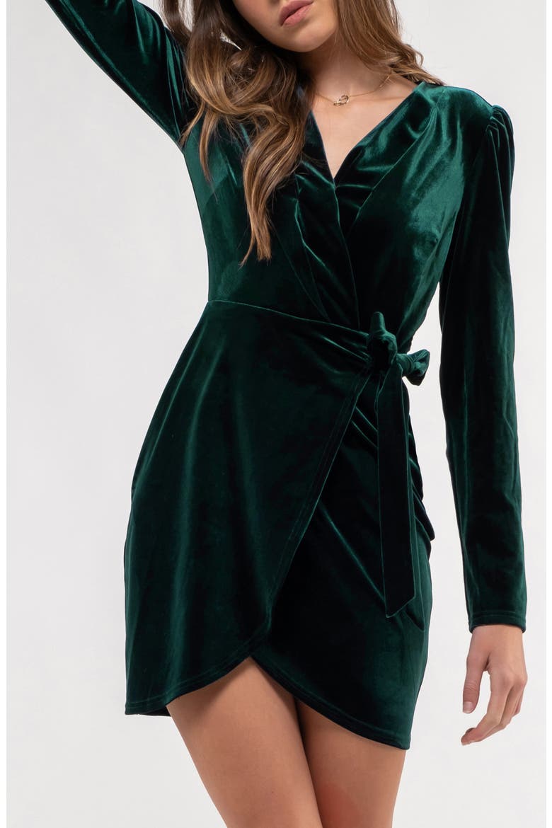 Long Sleeve Velvet Faux Wrap Minidress, Alternate, color, HUNTER GREEN