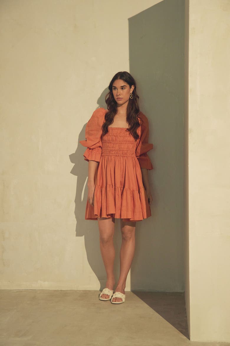 Amelia Ruched Mini Linen Dress in Rust Orange, Alternate, color, Rust Orange