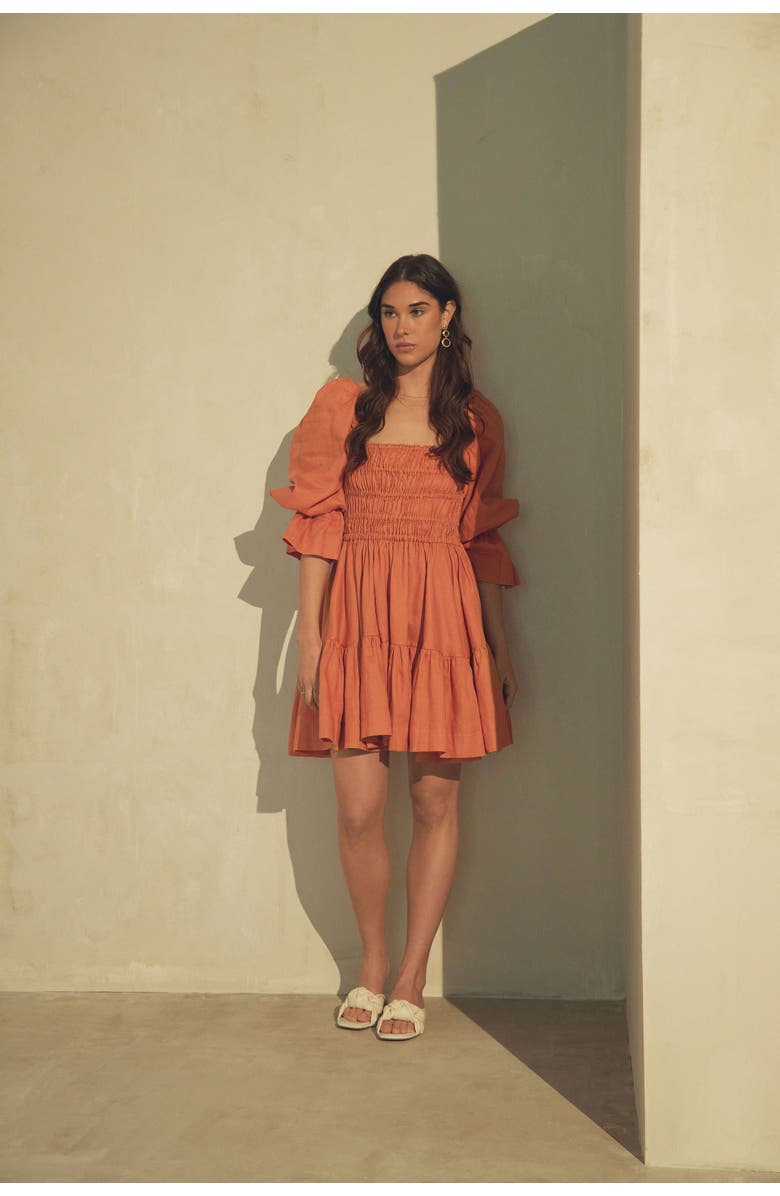 Vasiliki Amelia Ruched Mini Linen Dress in Rust Orange, Alternate, color, Rust Orange