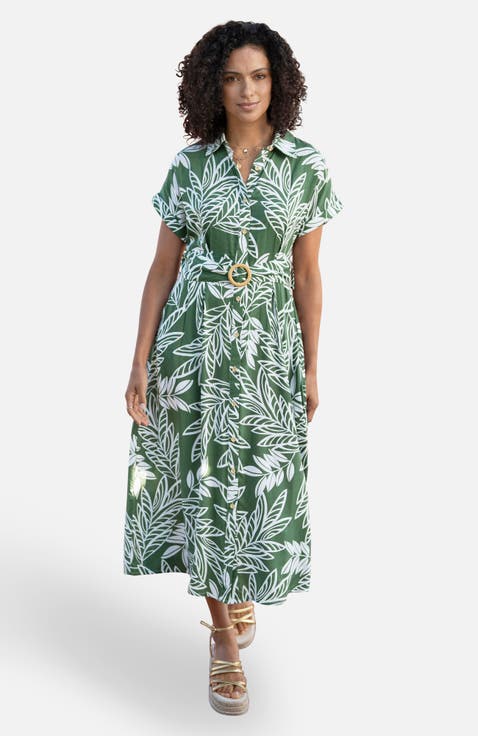 Leaf Print Midi Shirt Dress