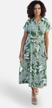 Yumi Leaf Print Midi Shirt Dress