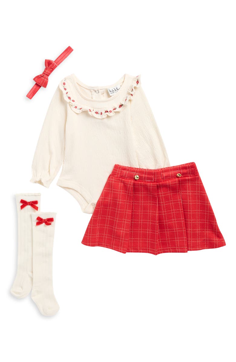 Nicole Miller Holiday Bodysuit, Skirt, Socks & Headband Set, Main, color, Egret