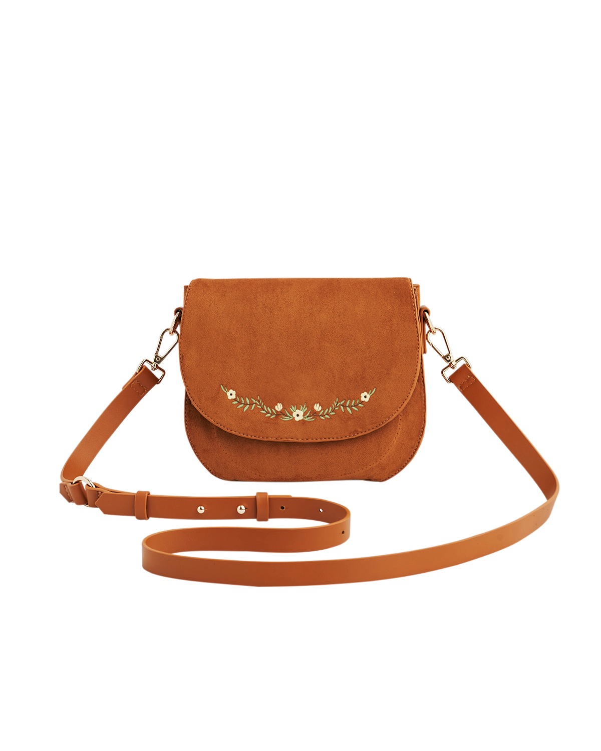 Fable England Floral Faux Suede Embroidered Saddle Purse, Main, color, Light/Pastel Brown