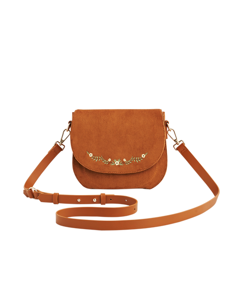 Floral Faux Suede Embroidered Saddle Purse